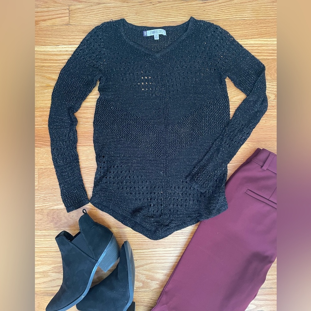 Jennifer Lopez long sleeve eyelet sweater, black with silver threading, XS